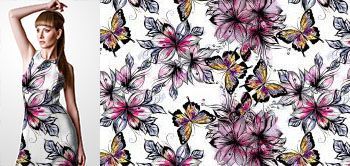 02008v Materiał ze wzorem kolorowe, różowo-fioletowe kwiaty ręcznie malowane z dodanymi kolorowymi motylami